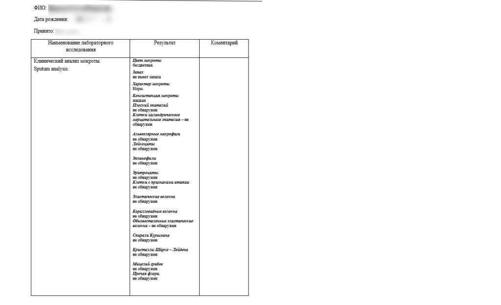 Анализ мокроты по форме 216/у
